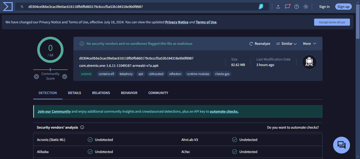 Stremio Safe VirusTotal result