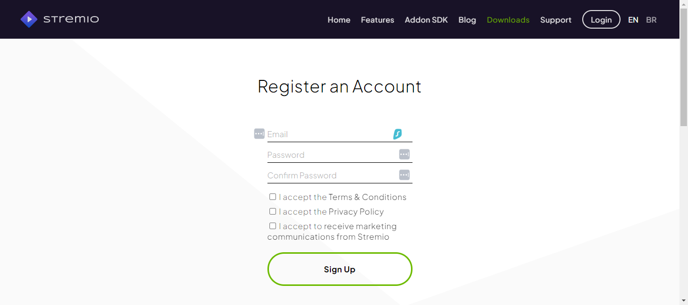 stremio sign up page