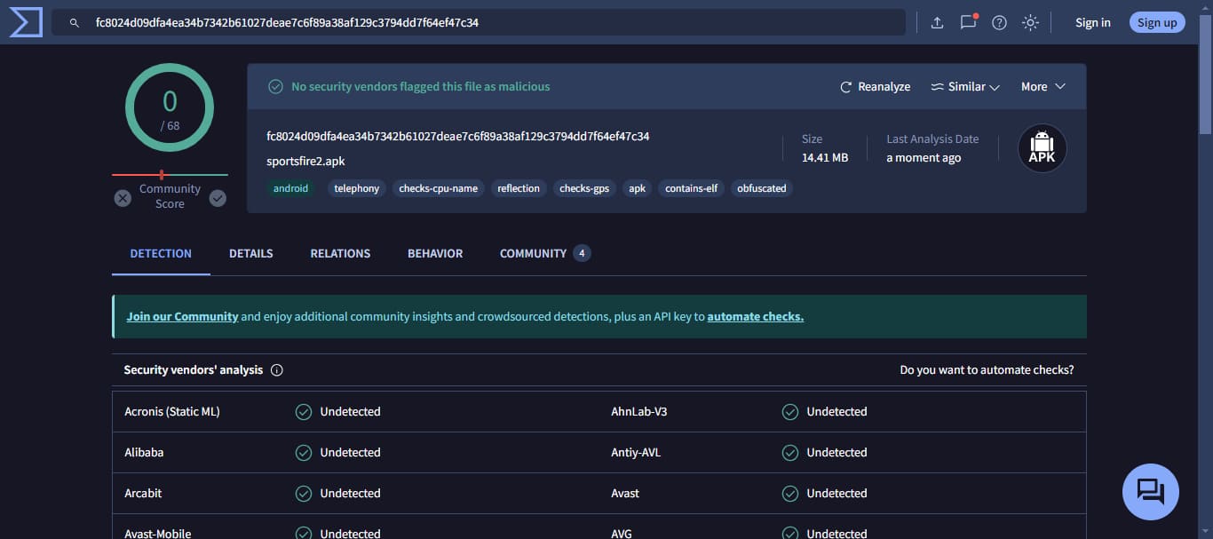 sportsfire-virustotal